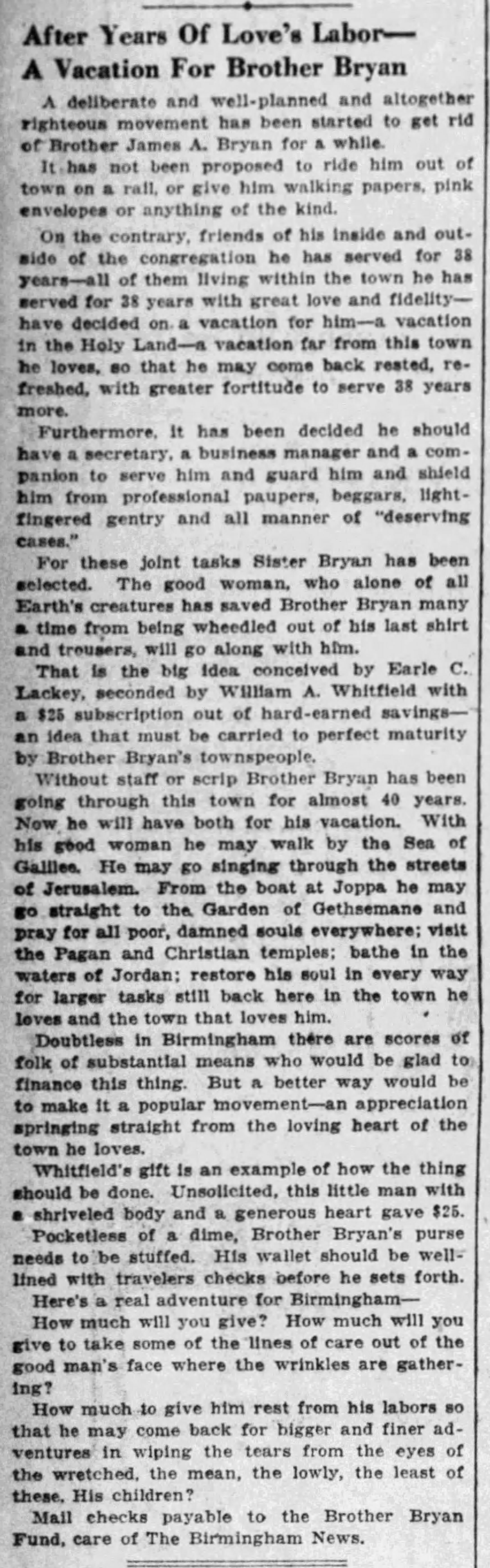 After Years of Love's Labor--A Vacation For Brother Bryan